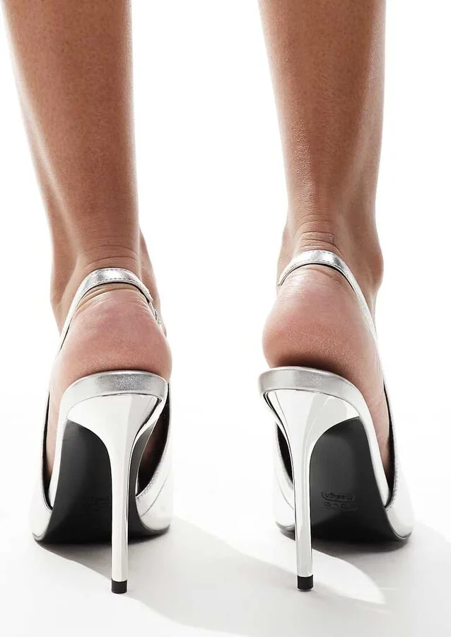 ASOS DESIGN Panther pointed slingback high heeled pumps in silver - Image 3