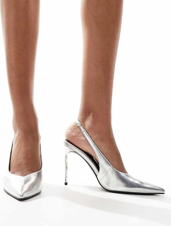 ASOS DESIGN Panther pointed slingback high heeled pumps in silver - Image 4