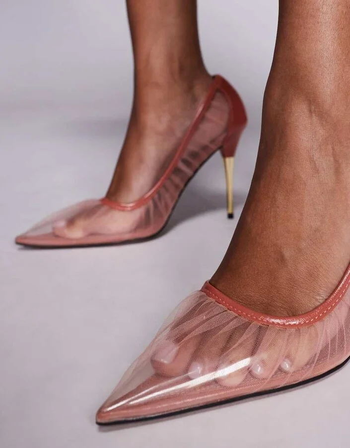 ASOS DESIGN Paris mesh high heeled pumps in pink - Image 3