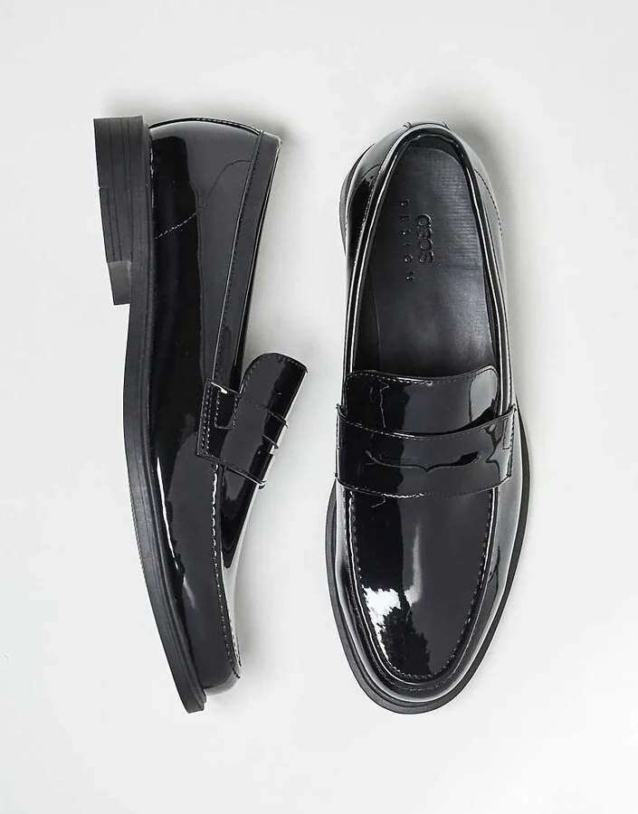 ASOS DESIGN patent penny loafers in black