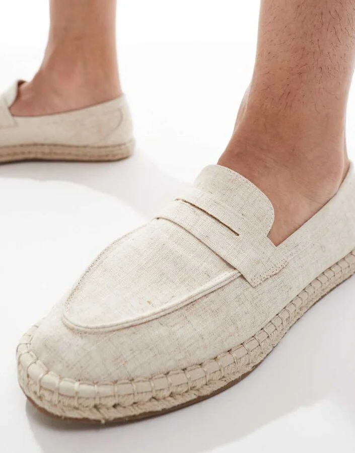 ASOS DESIGN penny loafer espadrilles in beige linen look - Image 3