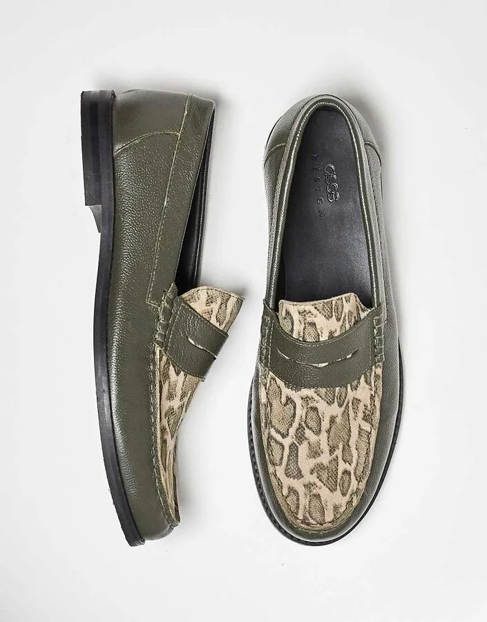 ASOS DESIGN penny loafers in khaki leather with faux snake print - Image 2