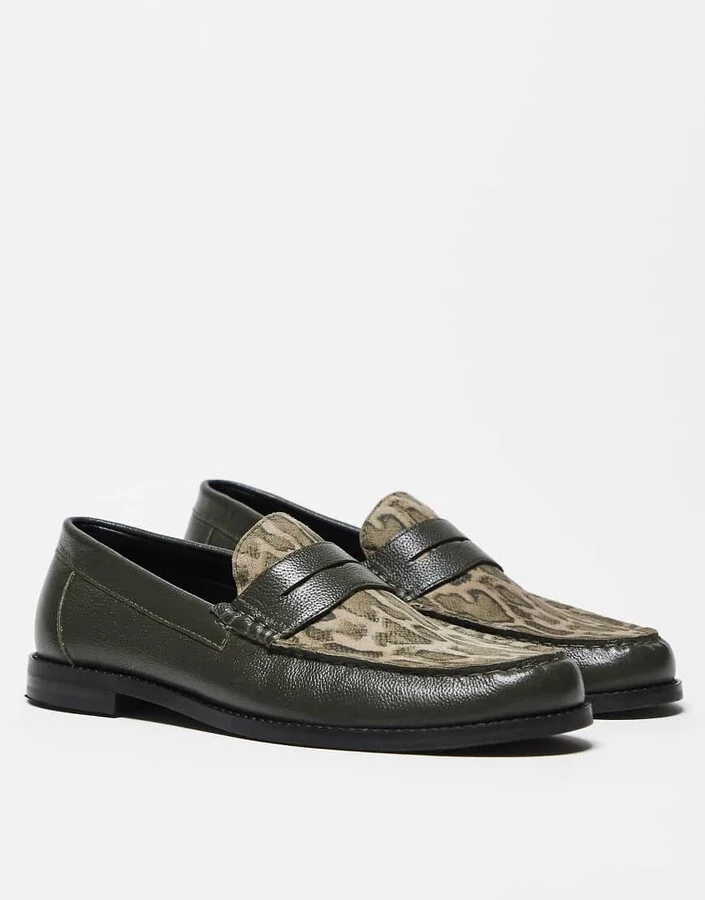 ASOS DESIGN penny loafers in khaki leather with faux snake print - Image 3