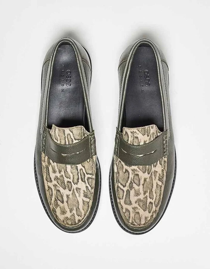 ASOS DESIGN penny loafers in khaki leather with faux snake print - Image 4
