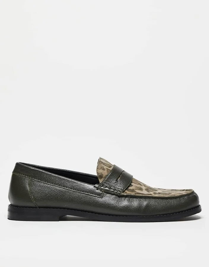 ASOS DESIGN penny loafers in khaki leather with faux snake print