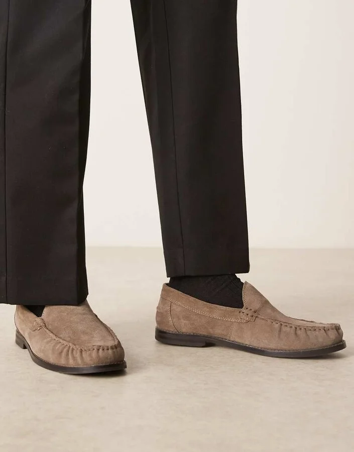 ASOS DESIGN penny loafers in stone suede with ruching