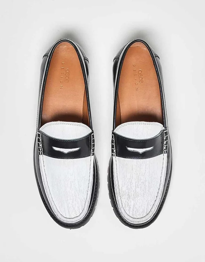 ASOS DESIGN penny loafers in textured black and white leather - Image 4