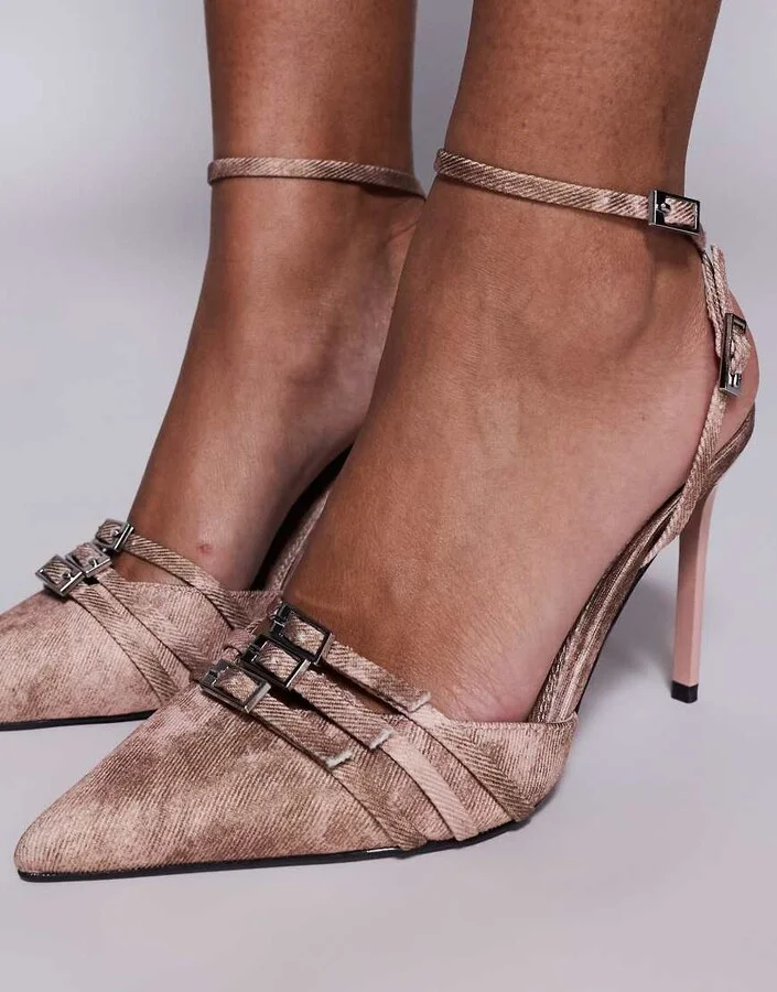 ASOS DESIGN Playdate buckle detail high heeled shoes in pink denim - Image 3