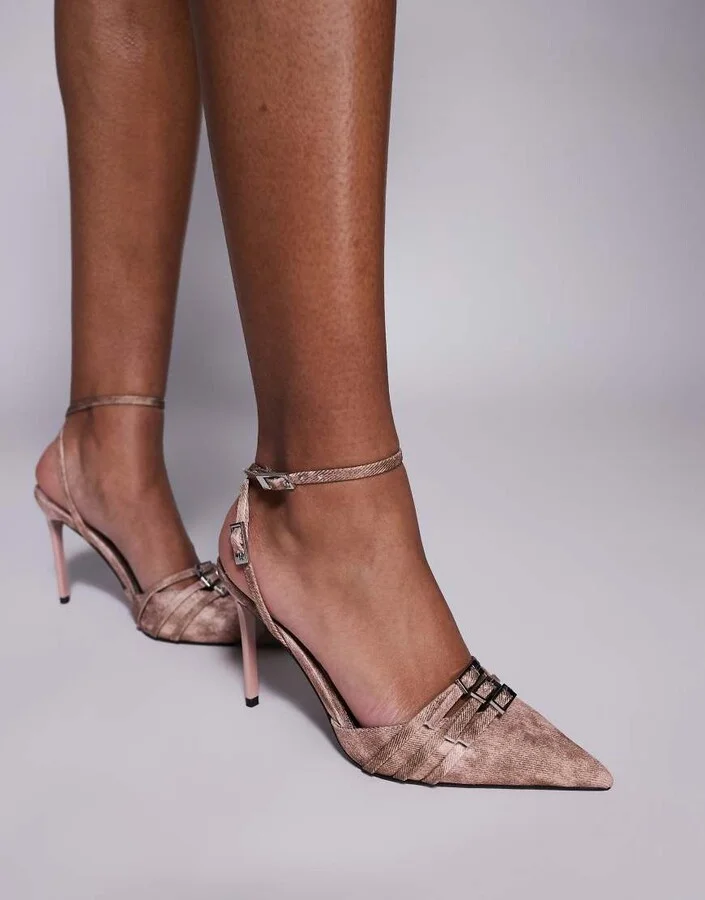 ASOS DESIGN Playdate buckle detail high heeled shoes in pink denim