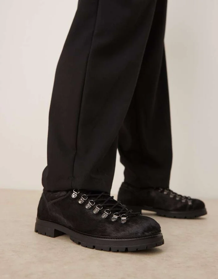 ASOS DESIGN Premium lace up hiker shoes in black cow hair