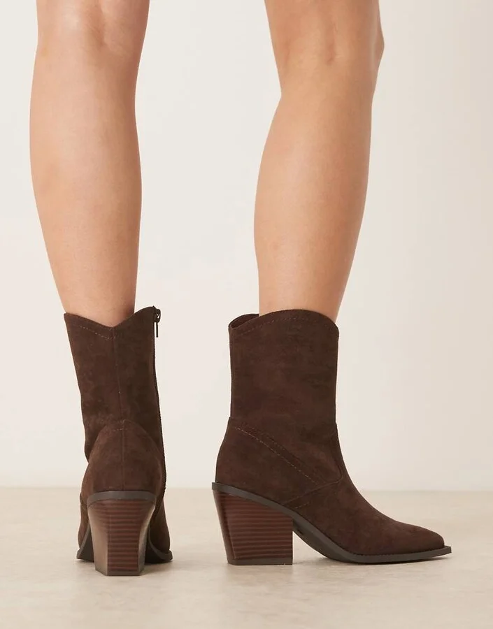 ASOS DESIGN Remedy heeled western boots in chocolate suedette - Image 2