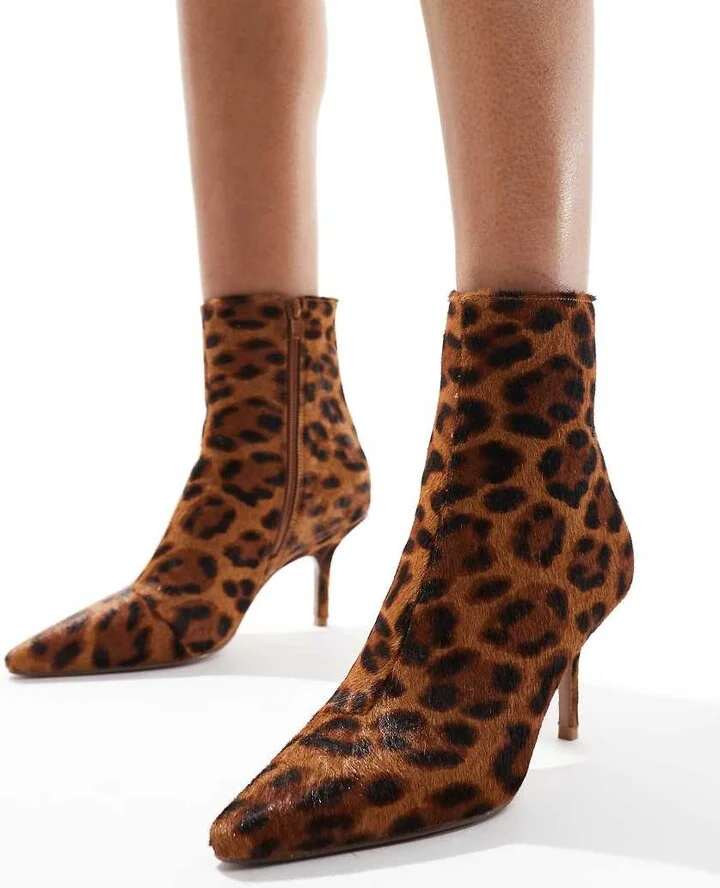 ASOS DESIGN Replay leather pointed toe mid-heel boots in leopard pony - Image 3