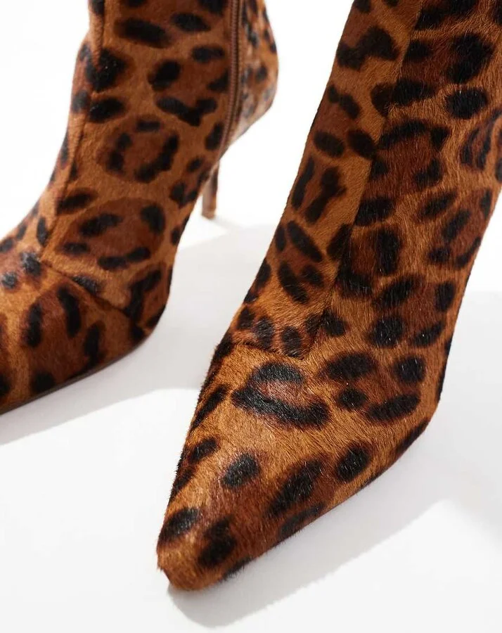 ASOS DESIGN Replay leather pointed toe mid-heel boots in leopard pony - Image 4