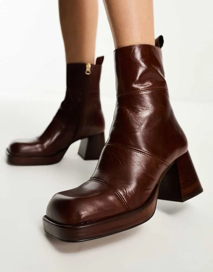 ASOS DESIGN Rhodes premium leather platform ankle boots in tan - Image 2