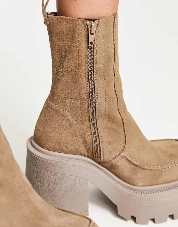 ASOS DESIGN Rider premium leather chunky heeled boots in gray - Image 2
