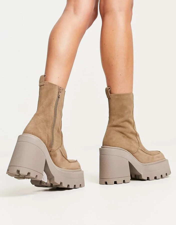 ASOS DESIGN Rider premium leather chunky heeled boots in gray - Image 3