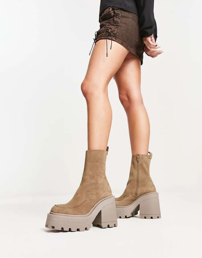 ASOS DESIGN Rider premium leather chunky heeled boots in gray