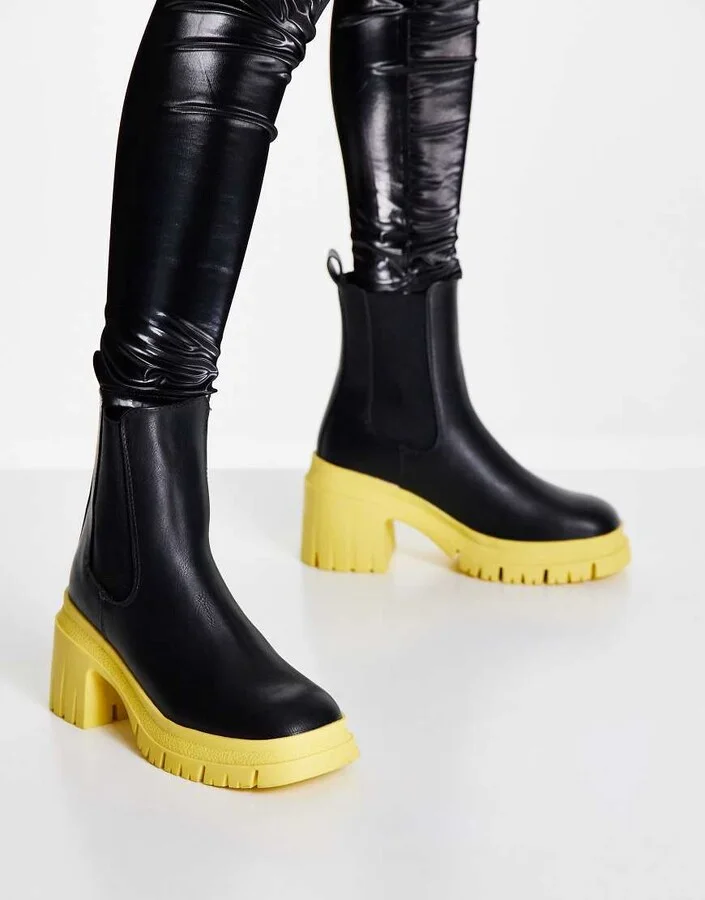 ASOS DESIGN Rio mid heel Chelsea boots in black and yellow - Image 4