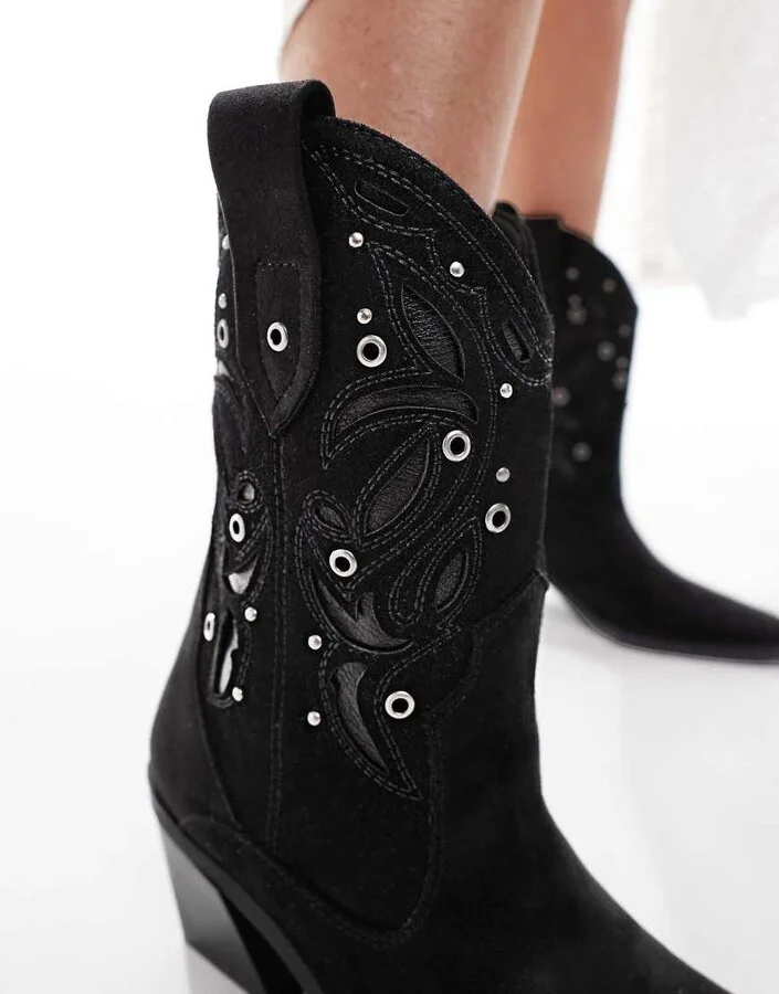 ASOS DESIGN Roan western heeled boots with stones in black - Image 3