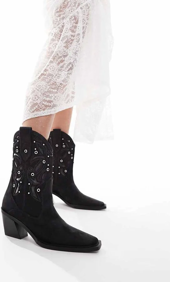 ASOS DESIGN Roan western heeled boots with stones in black