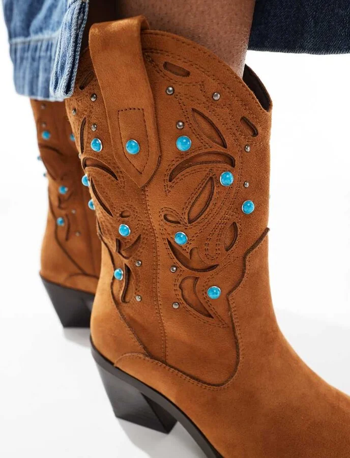 ASOS DESIGN Roan western heeled boots with stones in tan - Image 2
