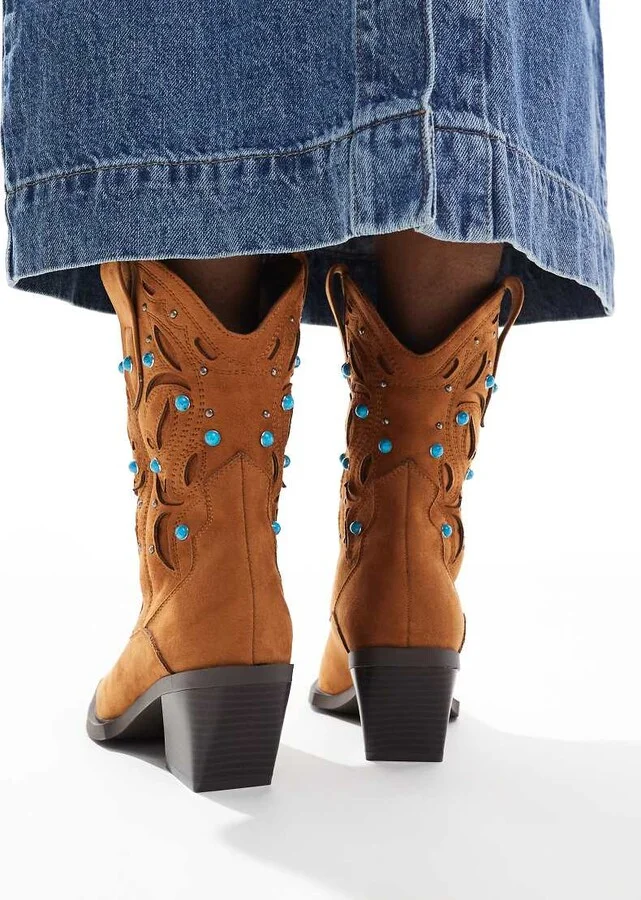 ASOS DESIGN Roan western heeled boots with stones in tan - Image 3