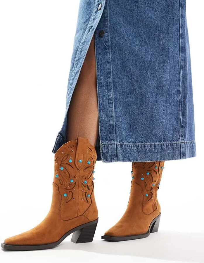 ASOS DESIGN Roan western heeled boots with stones in tan