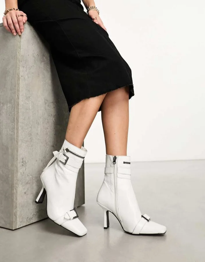 ASOS DESIGN Rosalia premium leather buckle mid boots in white - Image 2