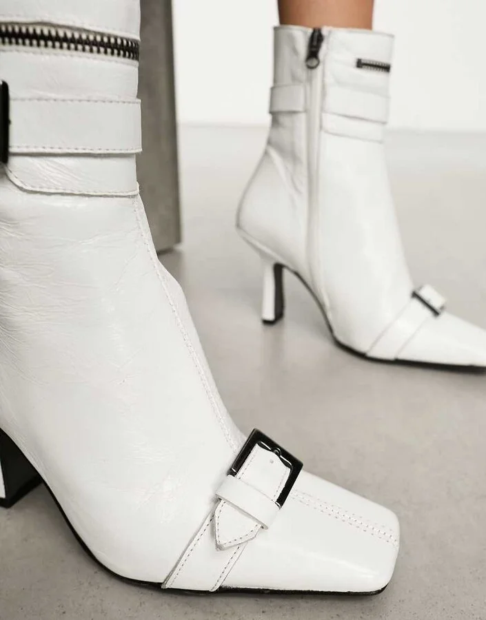 ASOS DESIGN Rosalia premium leather buckle mid boots in white - Image 3