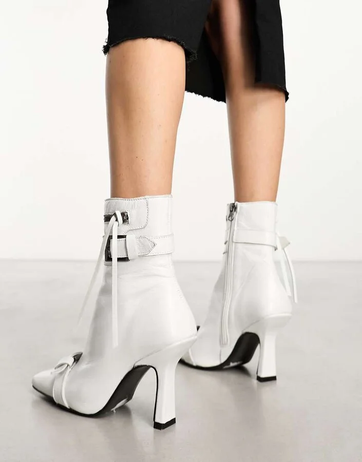 ASOS DESIGN Rosalia premium leather buckle mid boots in white - Image 4