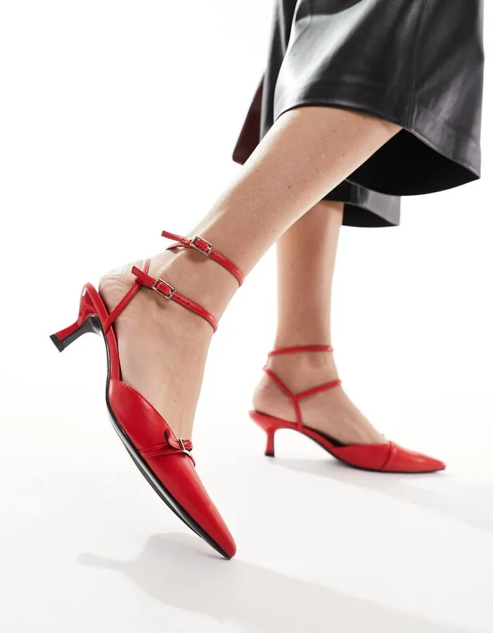 ASOS DESIGN Salsa slingback kitten heeled shoes in red - Image 4
