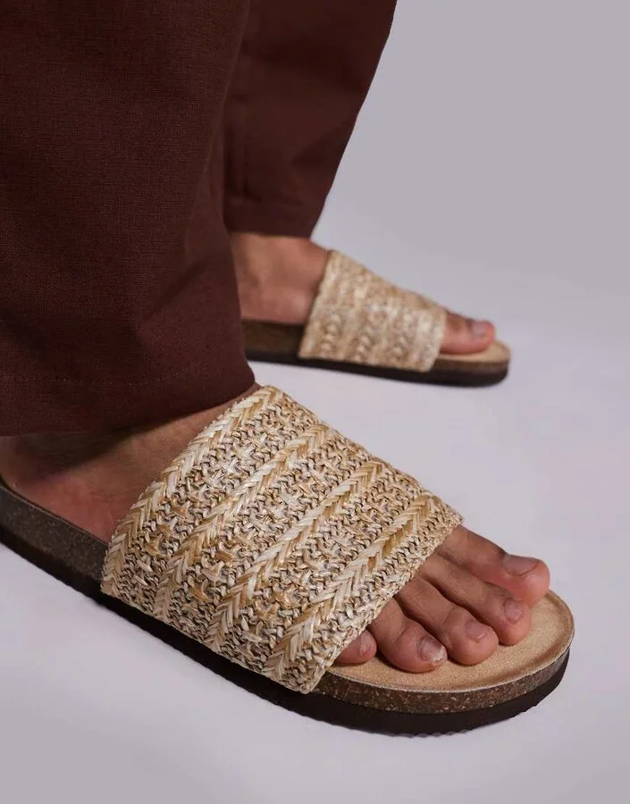ASOS DESIGN sandal slides with woven strap in stone - Image 3