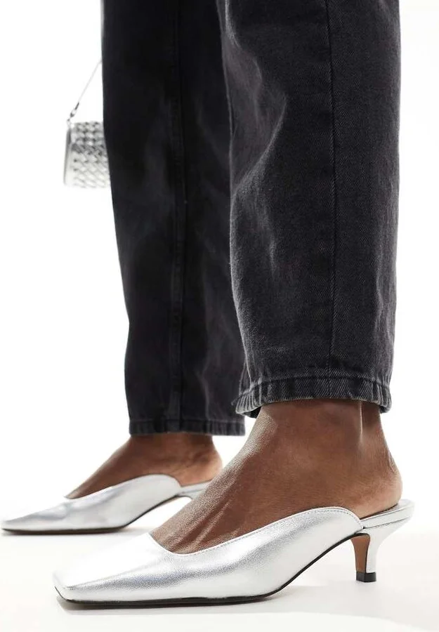 ASOS DESIGN Santiago premium leather squared toe mules in silver - Image 2