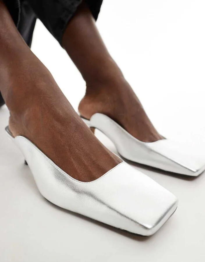ASOS DESIGN Santiago premium leather squared toe mules in silver - Image 3