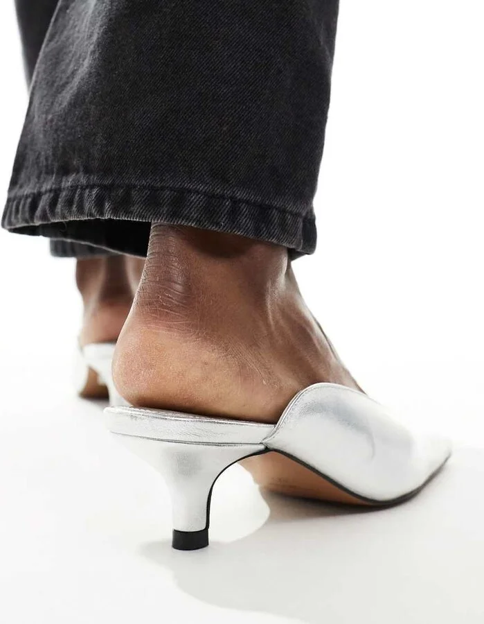 ASOS DESIGN Santiago premium leather squared toe mules in silver - Image 4