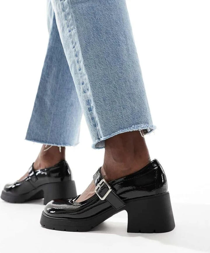 ASOS DESIGN Saxton chunky mary jane heeled shoes in black patent - Image 3