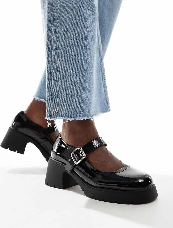 ASOS DESIGN Saxton chunky mary jane heeled shoes in black patent