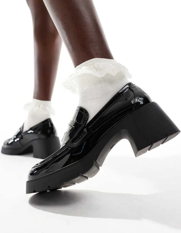 ASOS DESIGN Scribble chunky mid heeled loafers in black patent - Image 4