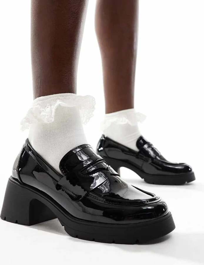 ASOS DESIGN Scribble chunky mid heeled loafers in black patent