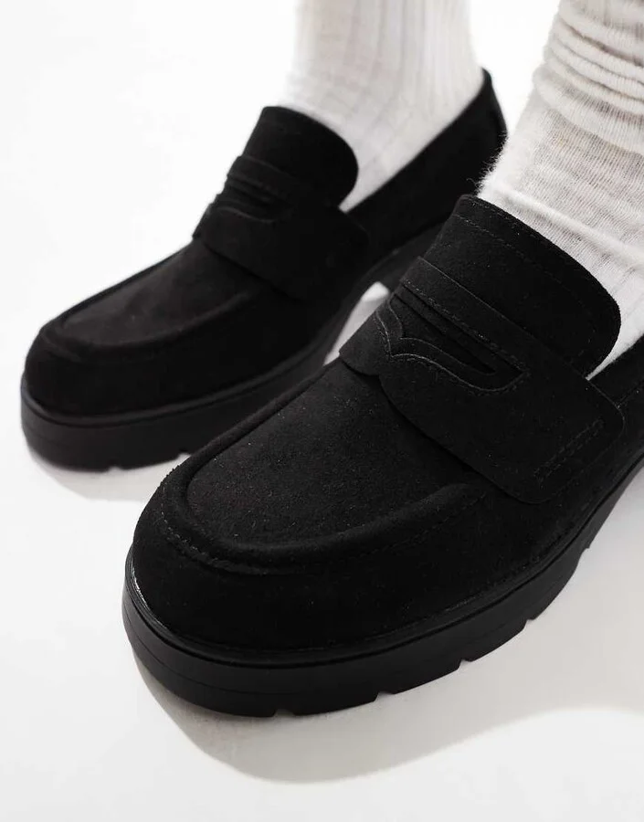 ASOS DESIGN Scribble chunky mid heeled loafers in black suedette - Image 3