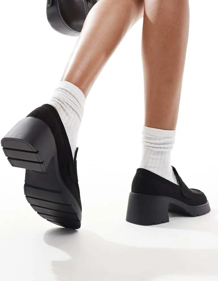 ASOS DESIGN Scribble chunky mid heeled loafers in black suedette - Image 4