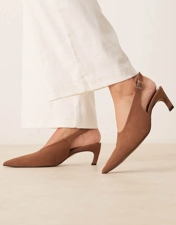 ASOS DESIGN Sculpt premium slingback mid heel shoes in camel suede - Image 4