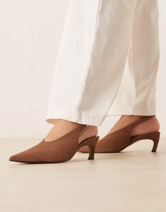 ASOS DESIGN Sculpt premium slingback mid heel shoes in camel suede