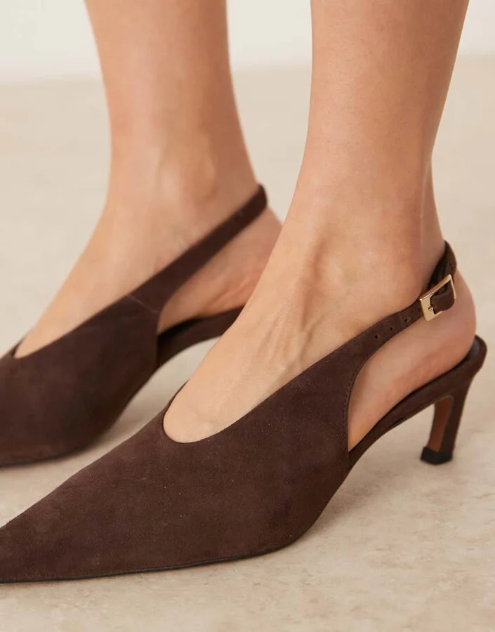 ASOS DESIGN Sculpt premium slingback mid heel shoes in chocolate suede - Image 3