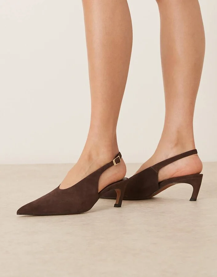 ASOS DESIGN Sculpt premium slingback mid heel shoes in chocolate suede
