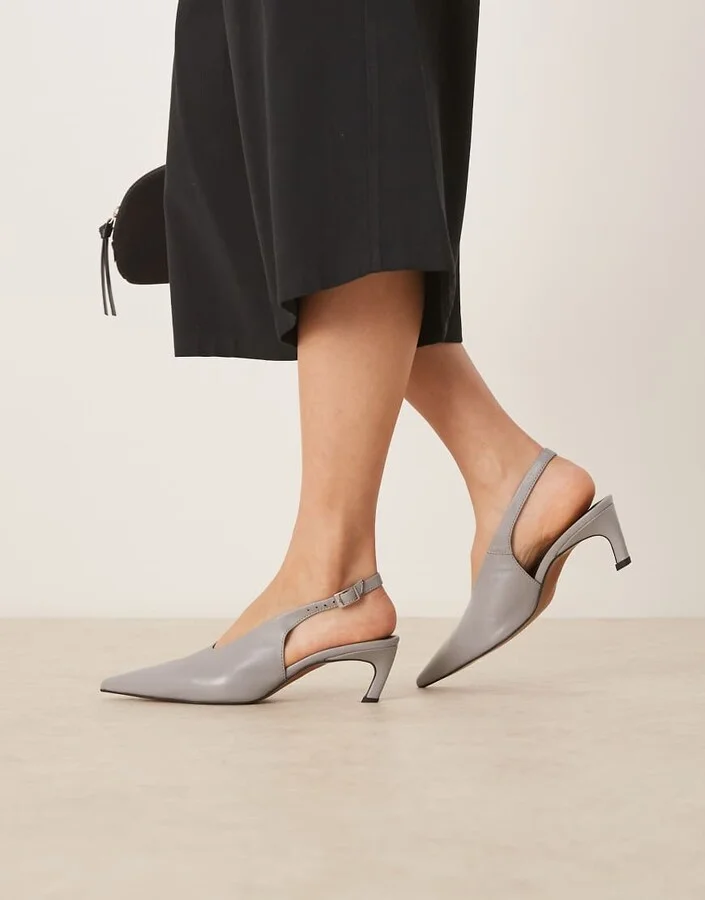 ASOS DESIGN Sculpt premium slingback mid heel shoes in gray leather