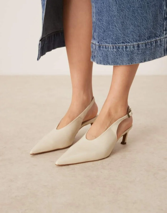 ASOS DESIGN Sculpt premium slingback mid heel shoes in off white leather