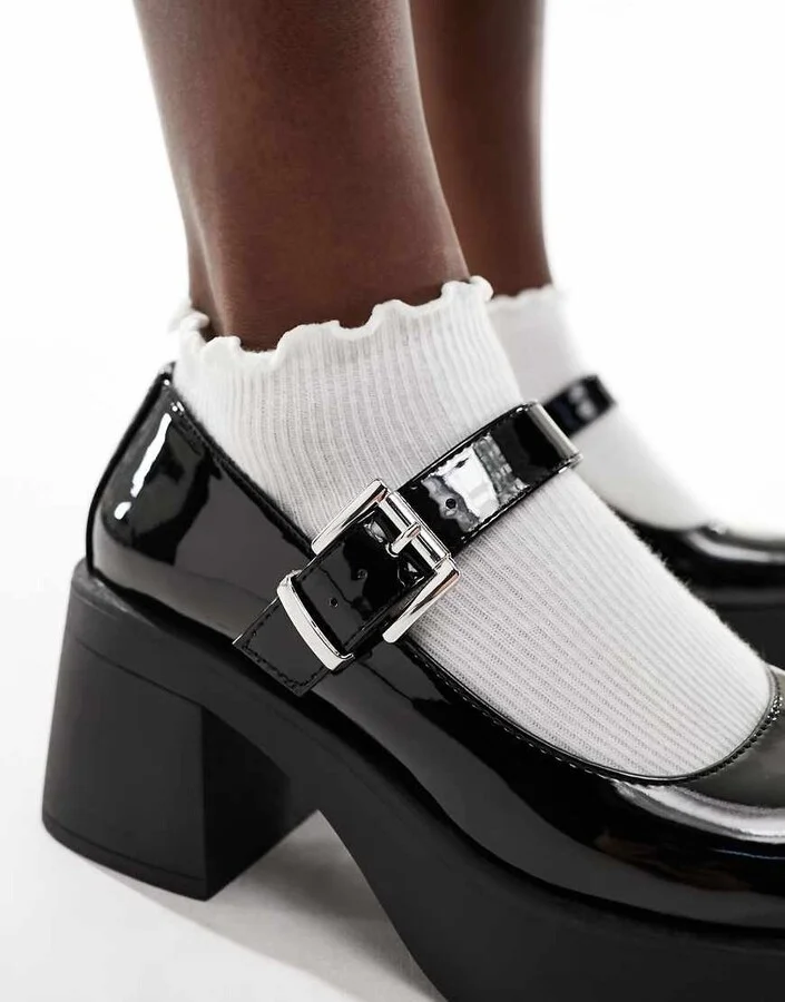 ASOS DESIGN Sebastian chunky mary jane heeled shoes in black patent - Image 3