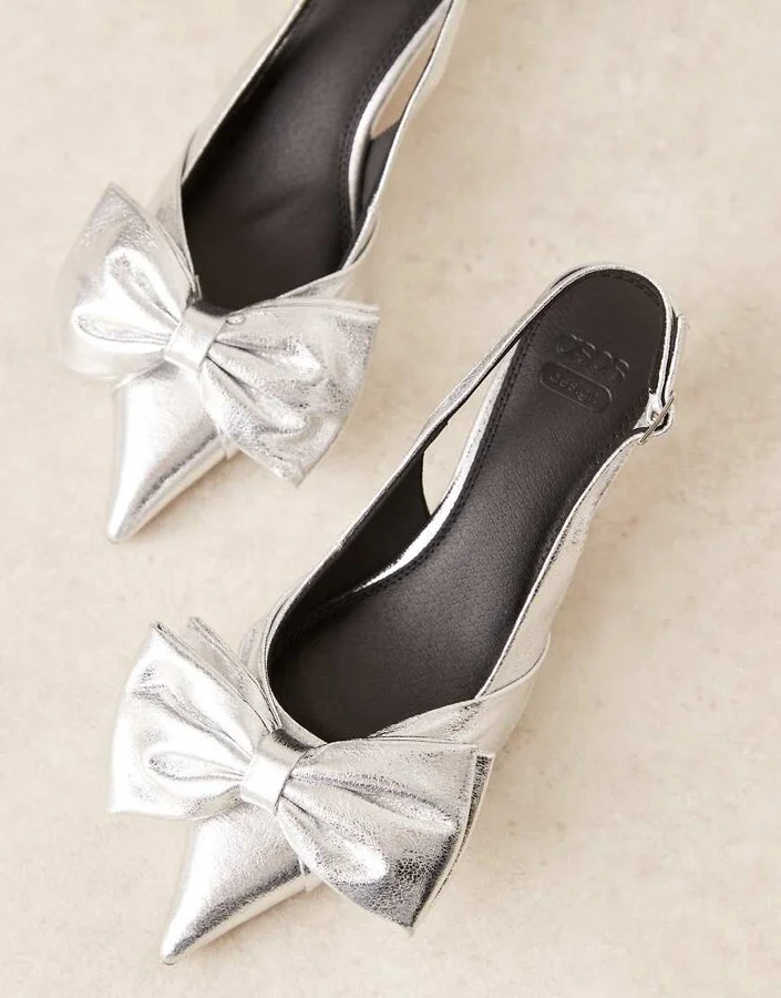 ASOS DESIGN Secret bow slingback kitten heeled shoes in silver