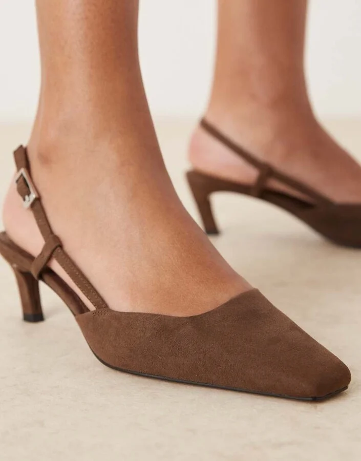 ASOS DESIGN Shadow chisel toe slingback mid heel shoes in chocolate suedette - Image 4
